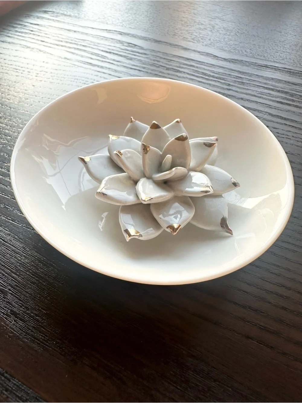White Ceramic Lotus Trinket Bowl Gold Trim Jewelry Ring Catchall Dish